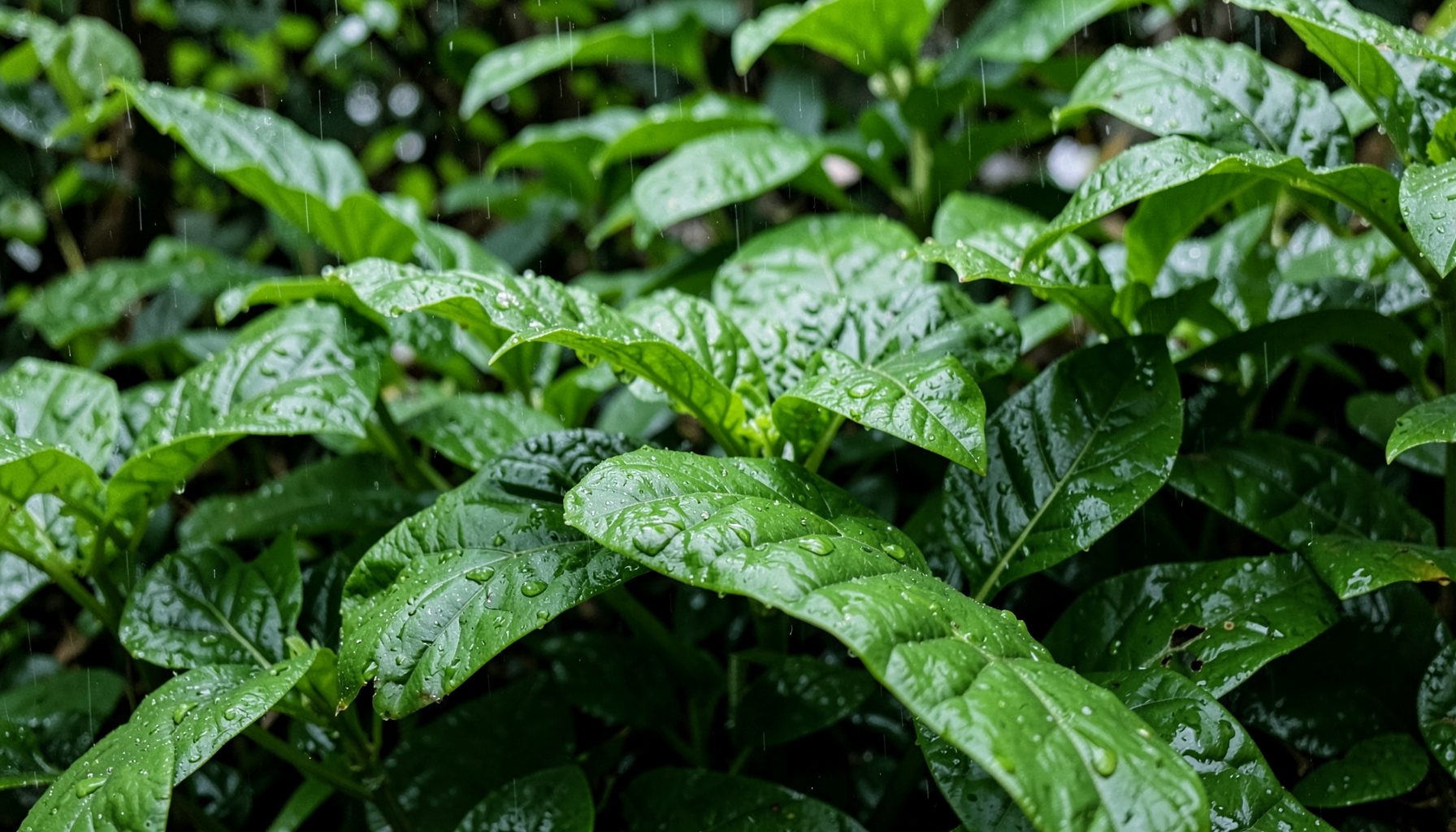 A close view of lush broadleaf foliage in soft rain, rich emerald and olive greens with water droplets on leaves, suggesting the vibrant forest understory