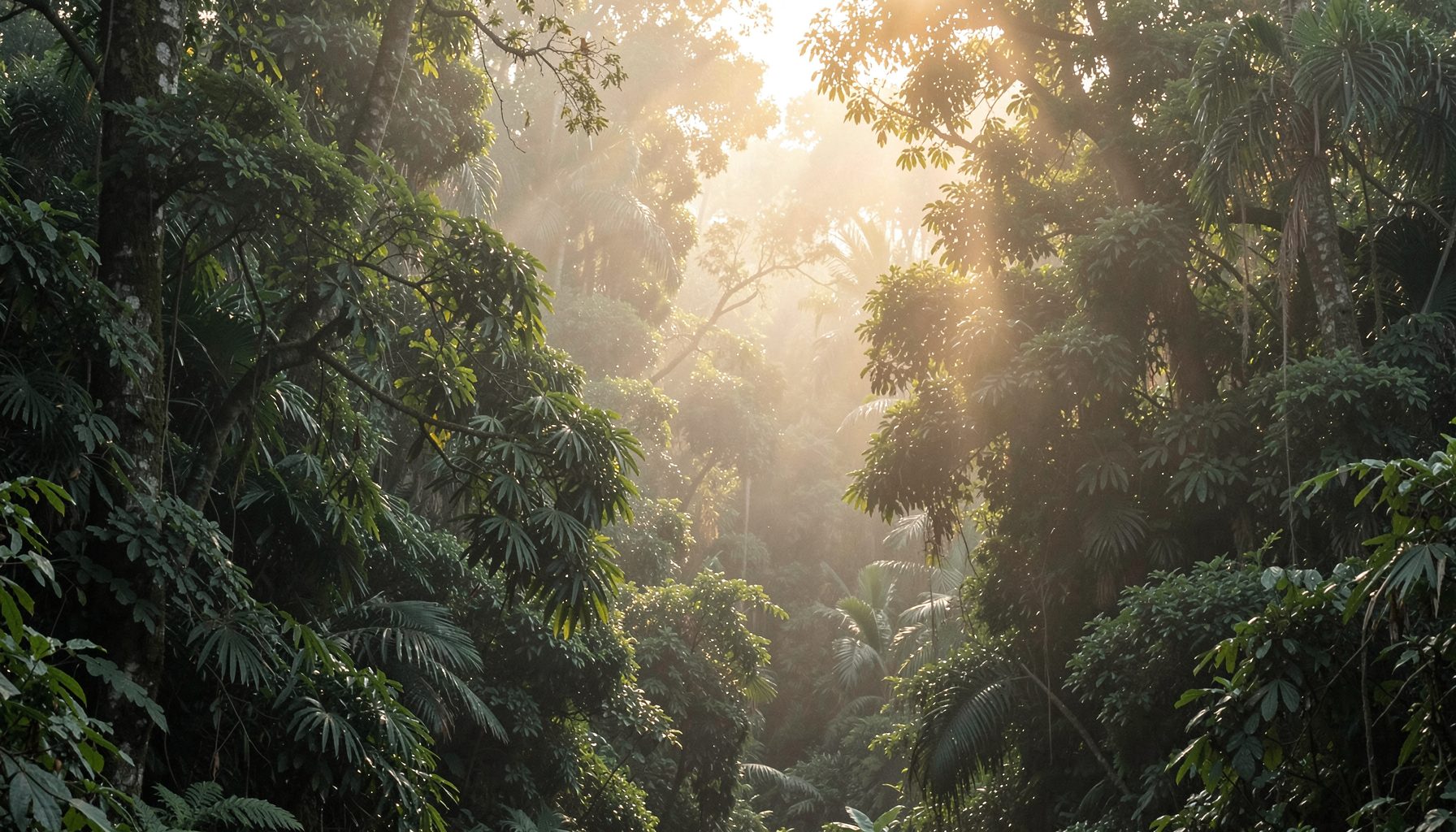 A misty tropical forest canopy at dawn, layers of deep green foliage fading into soft golden light, evoking the quiet anticipation of early-morning birding in southern Thailand.