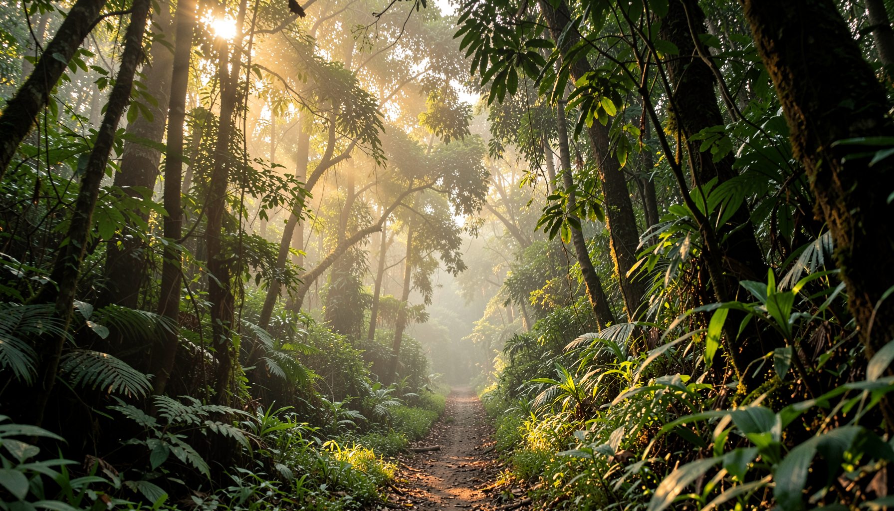 A misty tropical forest trail at dawn, dappled golden light filtering through a dense green canopy, evoking the quiet anticipation of a morning birding walk.