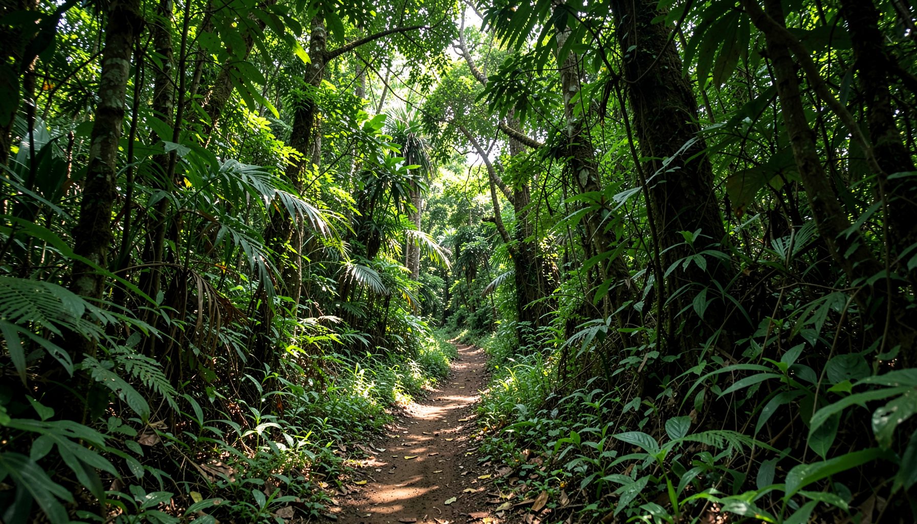 A narrow dirt trail winding through dense tropical rainforest, dappled sunlight filtering through a high green canopy, mood quiet and secluded
