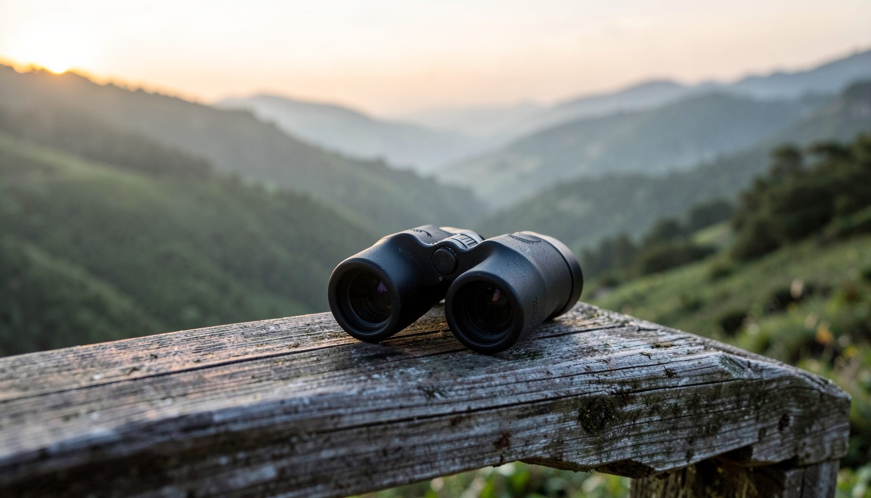 A pair of binoculars resting on a weathered wooden railing overlooking a misty green valley at sunrise, soft earth tones and muted greens.