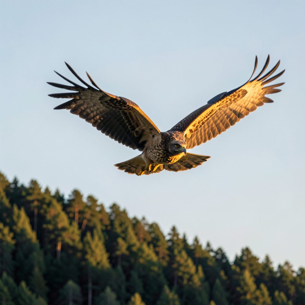A raptor soaring against a pale blue sky above a forested ridge, warm golden light on its wings, conveying freedom and the thrill of migration season.