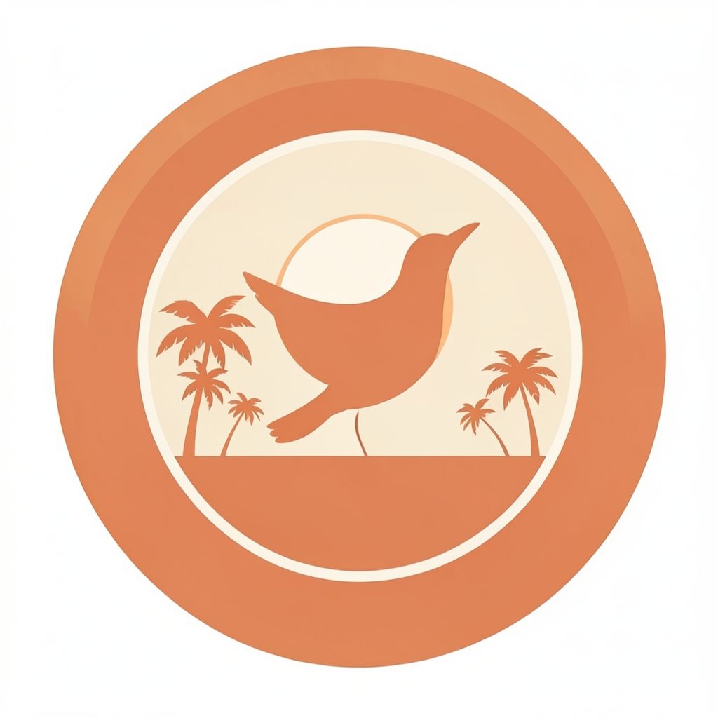 A simple circular emblem in warm terracotta and cream tones, suggesting a bird in silhouette against a rising sun over a calm tropical landscape.
