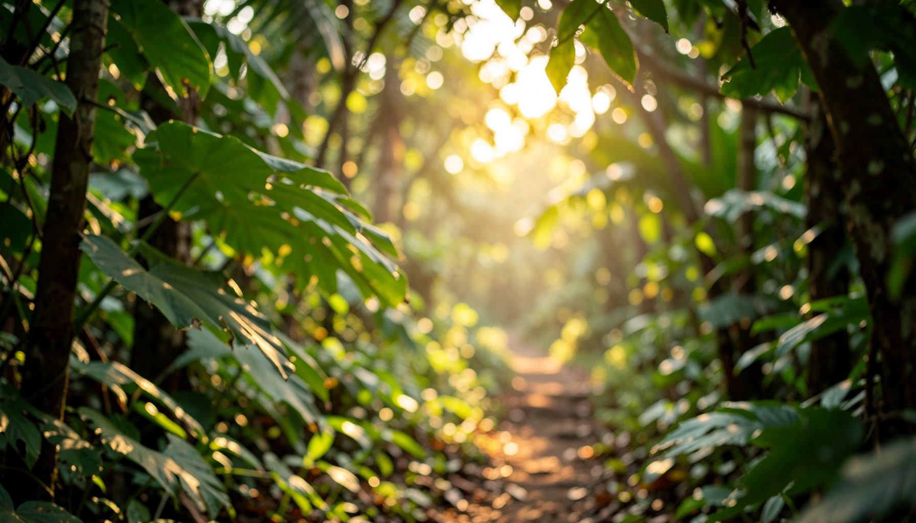 A soft-focus view of a tropical forest trail at dawn, with dappled golden light filtering through broad green leaves, warm and inviting.