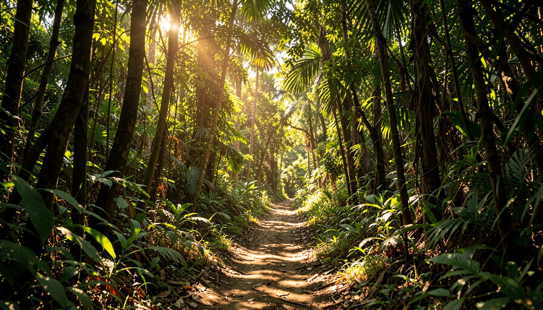A sun-dappled tropical forest trail with dappled green and golden light filtering through a dense canopy, conveying quiet immersion in nature