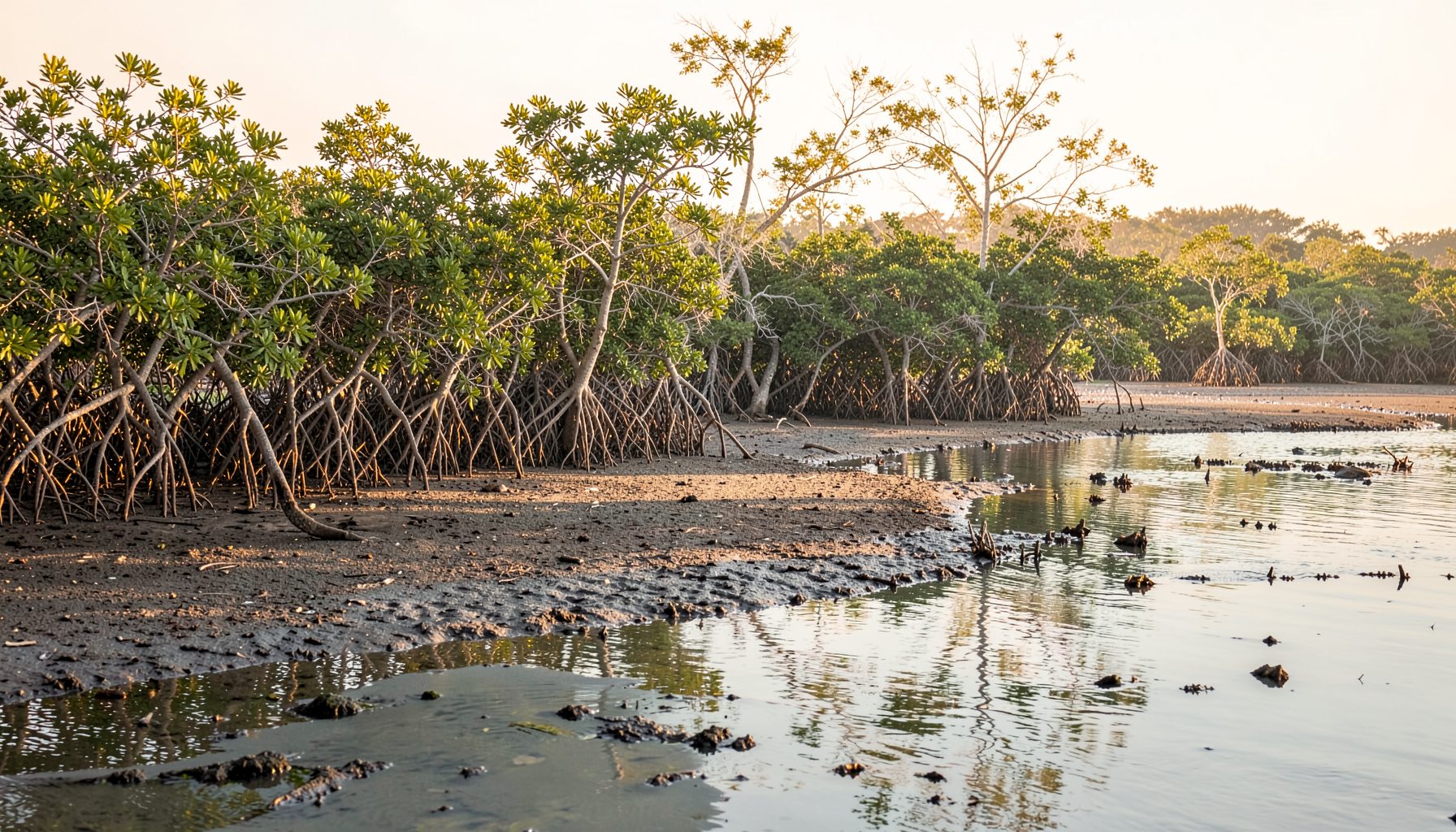 Coastal mangrove estuary at low tide with exposed mudflats and stilt-root trees, soft golden light, calm water
