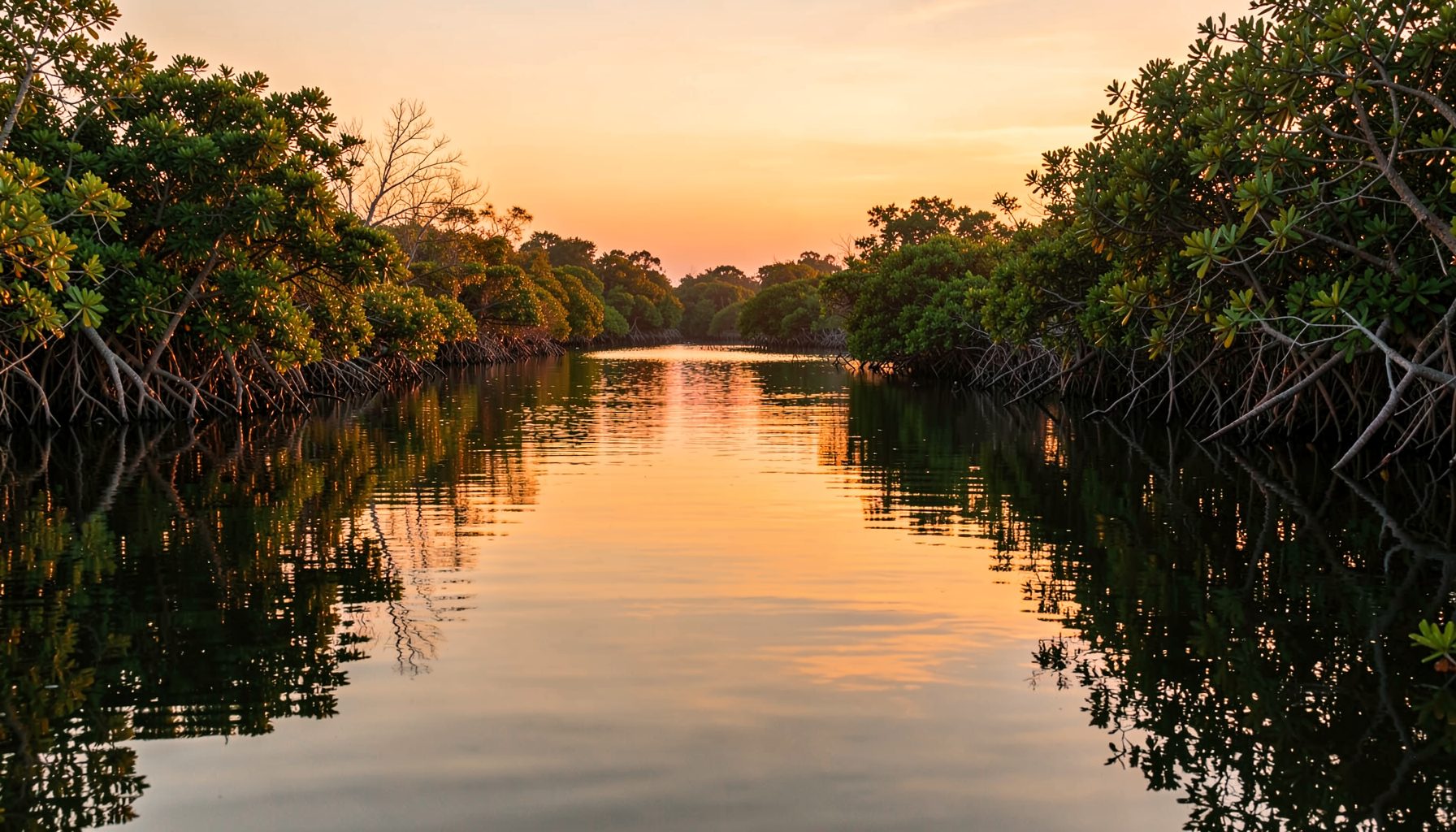 Coastal mangrove waterway at sunrise with calm reflective water, warm orange and green tones, peaceful and wild