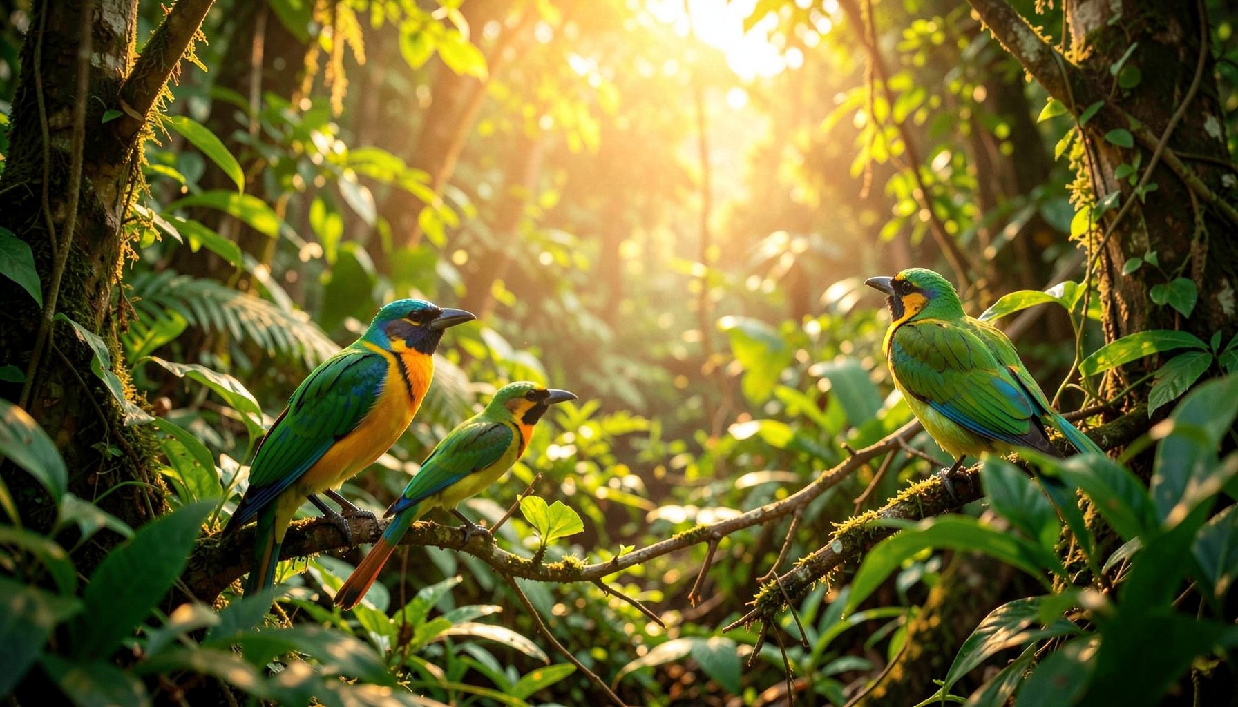 Colourful tropical birds perched in a sunlit rainforest clearing, vivid greens and warm amber tones, peaceful and wild atmosphere
