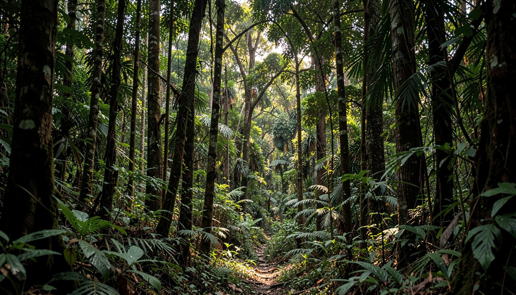 Dense lowland rainforest interior with dappled light filtering through tall trees, deep greens and earthy browns, serene and atmospheric