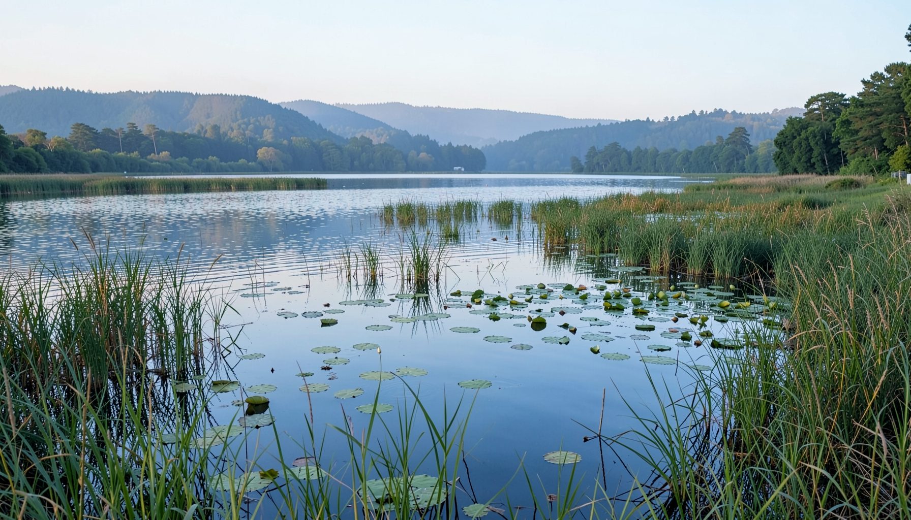 Freshwater lake fringed by reeds and lily pads, with distant forested hills under a hazy morning sky, tranquil blues and greens