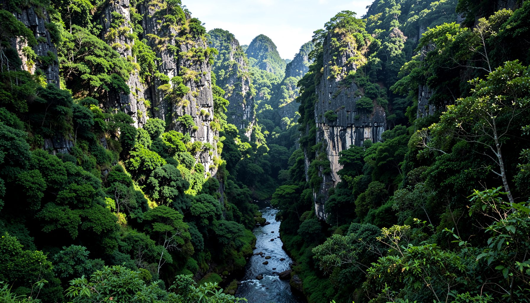 Limestone karst cliffs rising from dense green jungle, with a narrow stream running through the valley floor, dramatic shadows