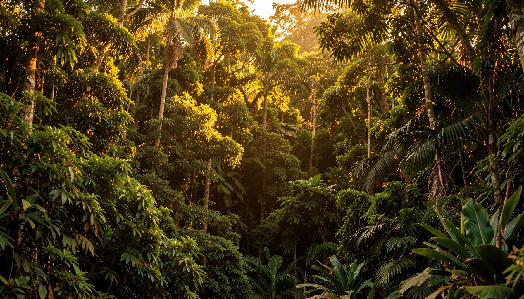 Lush tropical forest canopy in southern Thailand bathed in warm golden morning light, rich greens and amber tones, peaceful and wild