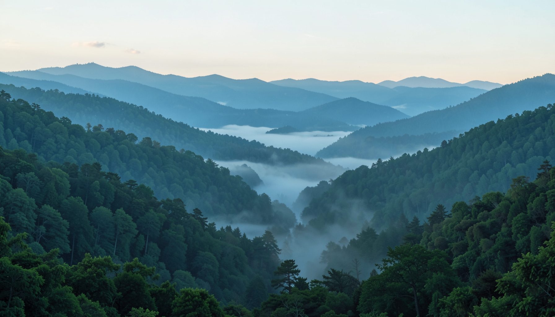 Mist rising over a forested valley at dawn, layers of green hills receding into soft blue distance, calm and atmospheric