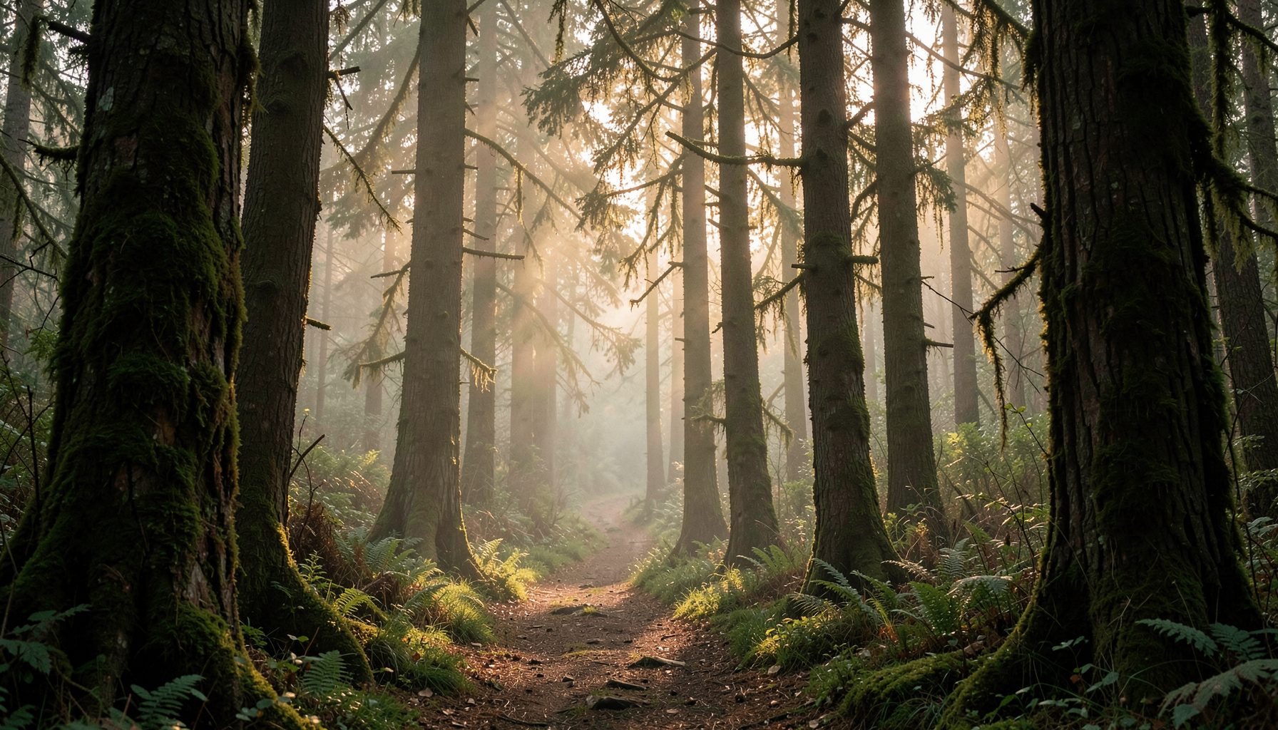 Misty forest trail at dawn with soft warm light, tall trees draped in moss, quiet and inviting, earthy greens and browns