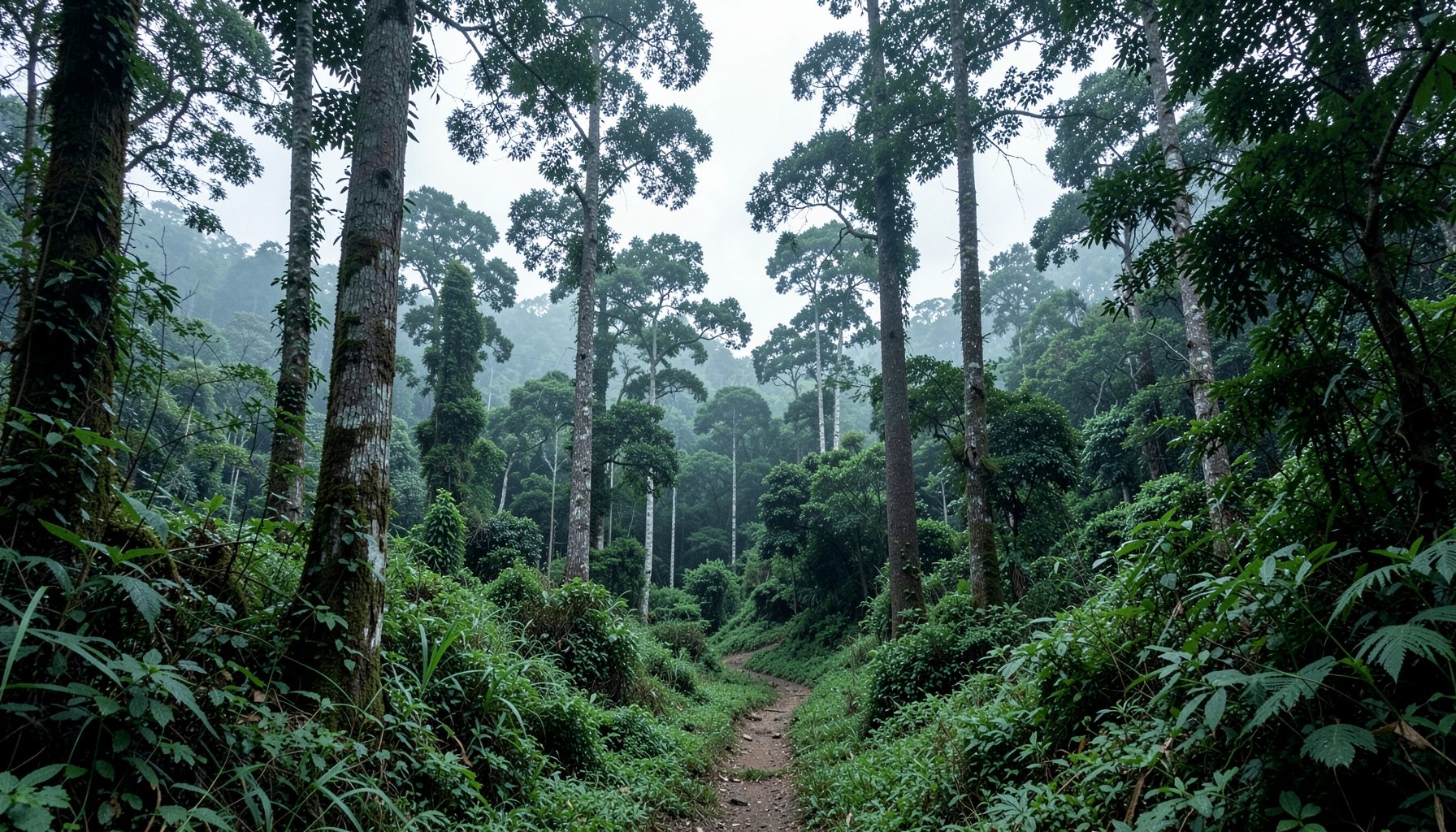 Misty mountain forest with tall dipterocarp trees and a narrow trail winding through thick undergrowth, cool green tones