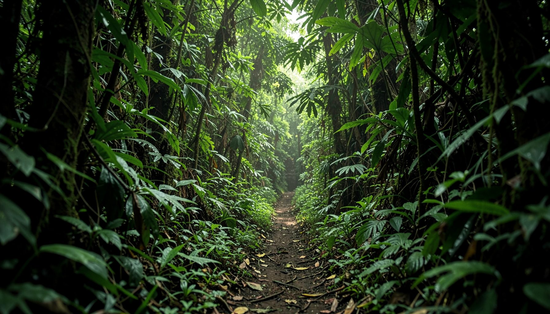 Narrow jungle track disappearing into thick tropical vegetation, soft green light, mysterious and adventurous