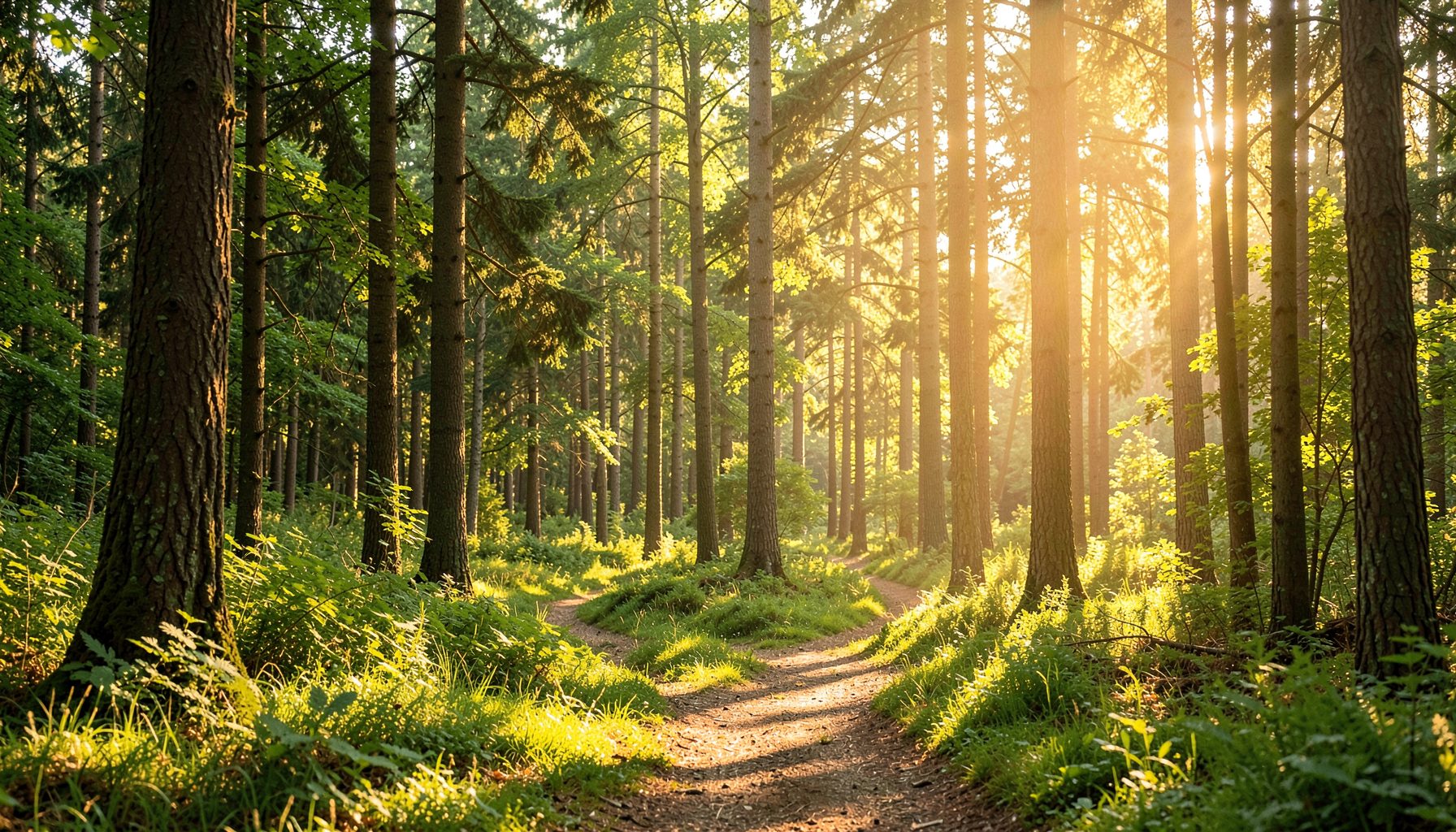 Sunlit forest clearing with tall trees and a winding path, warm greens and golden light, calm and inviting